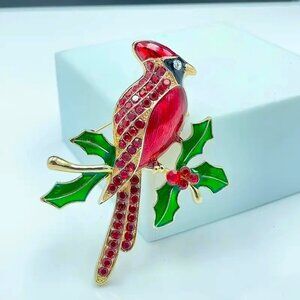 Brooch Cardinal Rhinestone Red Bird Enamel Holiday Heaven Pretty Trendy Stylish